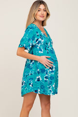 Teal Tropical Floral V-Neck Short Sleeve Maternity Dress