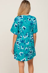 Teal Tropical Floral V-Neck Short Sleeve Maternity Dress