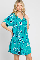 Teal Tropical Floral V-Neck Short Sleeve Maternity Dress