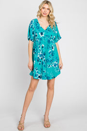 Teal Tropical Floral V-Neck Short Sleeve Dress