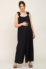 Black Linen Ruffle Strap Maternity Jumpsuit