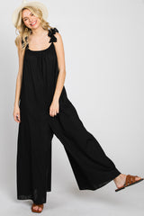 Black Linen Ruffle Strap Maternity Jumpsuit