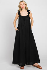 Black Linen Ruffle Strap Jumpsuit