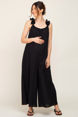 Black Linen Ruffle Strap Maternity Jumpsuit