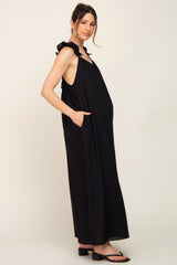 Black Linen Ruffle Strap Maternity Jumpsuit