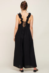 Black Linen Ruffle Strap Maternity Jumpsuit