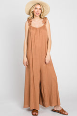 Camel Linen Ruffle Strap Maternity Jumpsuit