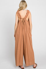 Camel Linen Ruffle Strap Jumpsuit