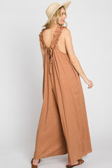 Camel Linen Ruffle Strap Jumpsuit