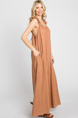 Camel Linen Ruffle Strap Jumpsuit