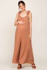 Camel Linen Ruffle Strap Maternity Jumpsuit