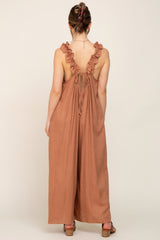 Camel Linen Ruffle Strap Maternity Jumpsuit