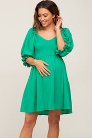 Green Smocked Puff Sleeve Maternity Dress