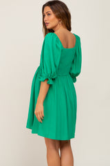 Green Smocked Puff Sleeve Maternity Dress