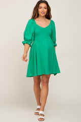 Green Smocked Puff Sleeve Maternity Dress