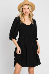 Black Smocked Puff Sleeve Dress