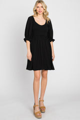 Black Smocked Puff Sleeve Dress