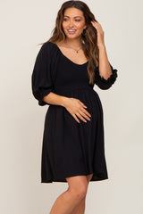 Black Smocked Puff Sleeve Maternity Dress