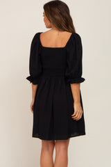 Black Smocked Puff Sleeve Maternity Dress