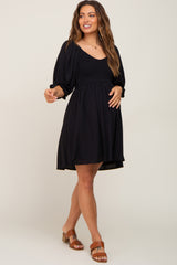 Black Smocked Puff Sleeve Maternity Dress