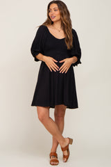 Black Smocked Puff Sleeve Maternity Dress