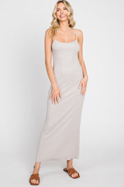 Taupe Ribbed Sleeveless Basic Maxi Dress