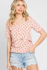 Light Pink Floral Ribbed Wrap Front Maternity/Nursing Top