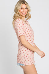 Light Pink Floral Ribbed Wrap Front Nursing Top