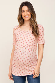 Light Pink Floral Ribbed Wrap Front Maternity/Nursing Top