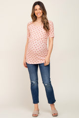 Light Pink Floral Ribbed Wrap Front Maternity/Nursing Top