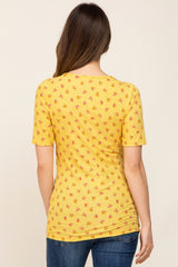 Yellow Floral Ribbed Wrap Front Maternity/Nursing Top