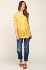 Yellow Floral Ribbed Wrap Front Maternity/Nursing Top