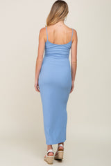 Blue Ribbed Sleeveless Basic Maternity Maxi Dress