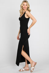 Black V-Neck Side Slit Midi Dress