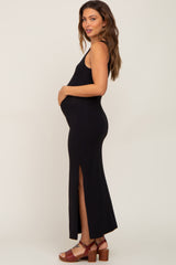 Black V-Neck Side Slit Maternity Midi Dress