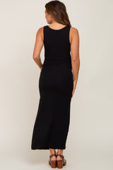 Black V-Neck Side Slit Maternity Midi Dress