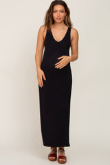 Black V-Neck Side Slit Maternity Midi Dress