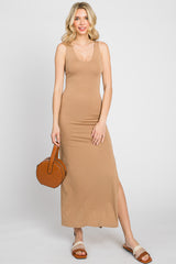 Camel V-Neck Side Slit Midi Dress