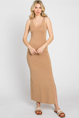 Camel V-Neck Side Slit Midi Dress