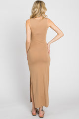 Camel V-Neck Side Slit Midi Dress