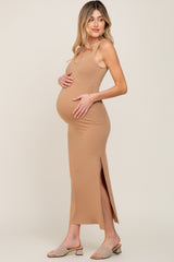 Camel V-Neck Side Slit Maternity Midi Dress