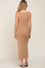 Camel V-Neck Side Slit Maternity Midi Dress