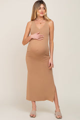 Camel V-Neck Side Slit Maternity Midi Dress