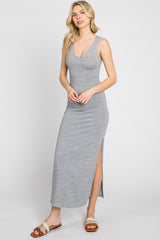 Heather Grey V-Neck Side Slit Maternity Midi Dress