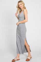 Heather Grey V-Neck Side Slit Midi Dress