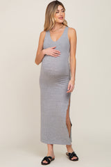 Heather Grey V-Neck Side Slit Maternity Midi Dress