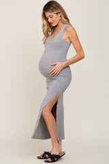 Heather Grey V-Neck Side Slit Maternity Midi Dress