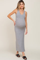 Heather Grey V-Neck Side Slit Maternity Midi Dress