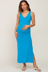 Aqua V-Neck Side Slit Maternity Midi Dress