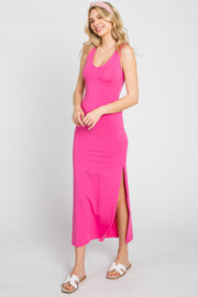 Pink V-Neck Side Slit Midi Dress